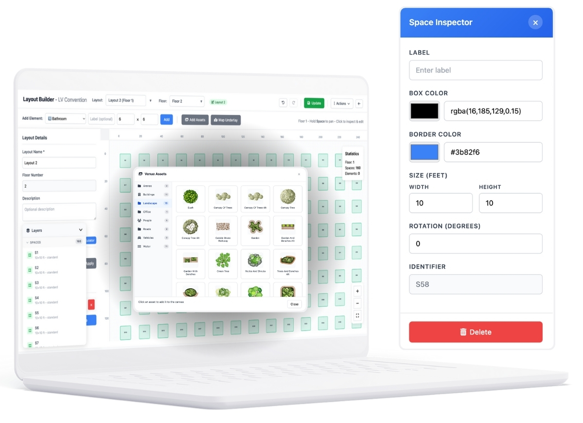 Zinifly Venue Builder with drag-and-drop visual design